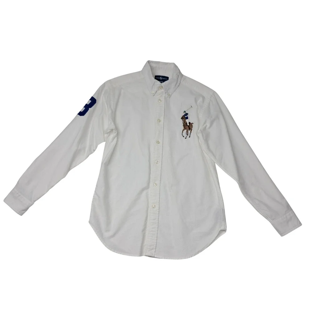 Ralph Lauren Button Down Shirt Kids Boys Medium (12/14) White Big Pony Oxford